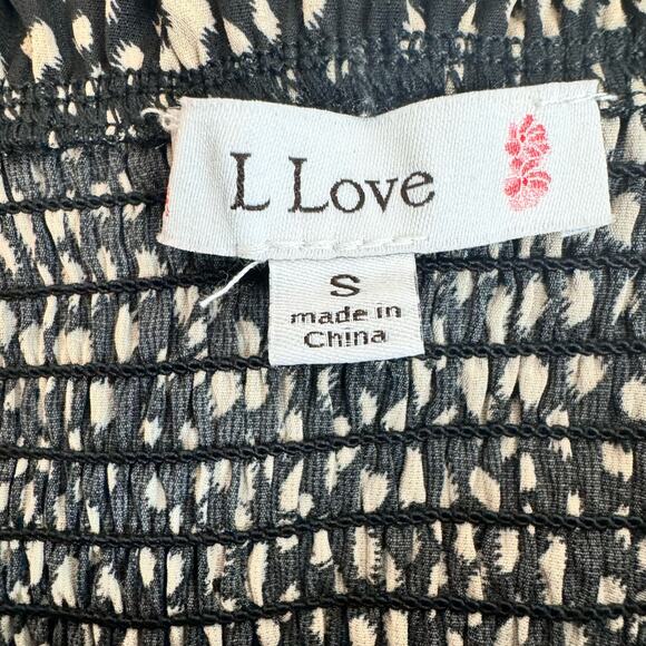 L Love High Waisted Ruffle Mini Skirt Smocked Waist Black Tan Spots Size Small - Picture 5 of 6